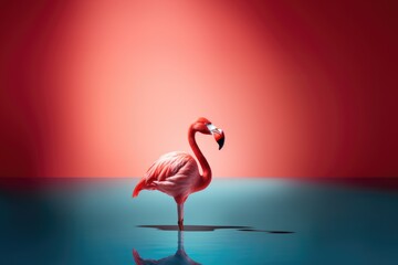 Beautiful pink flamingos standing in blue sea at summer sunset. Travel and vacation concept. Vintage retro design for banner, poster, or card - obrazy, fototapety, plakaty