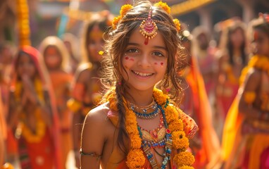 bambina sorridente, vestita e truccata per rituale indiano