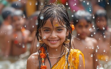 bambino indiano sorridente sotto le goccie d'acqua vestito con abiti rituali