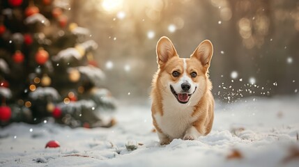 A Corgi dog energetically running through snow in front of a festive Christmas tree.