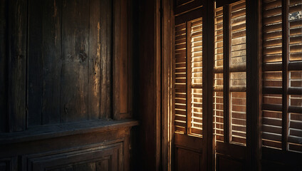 Bild eines verlassenen alten Holzhauses in das Sonnenlicht durch das Fenster leuchtet - obrazy, fototapety, plakaty