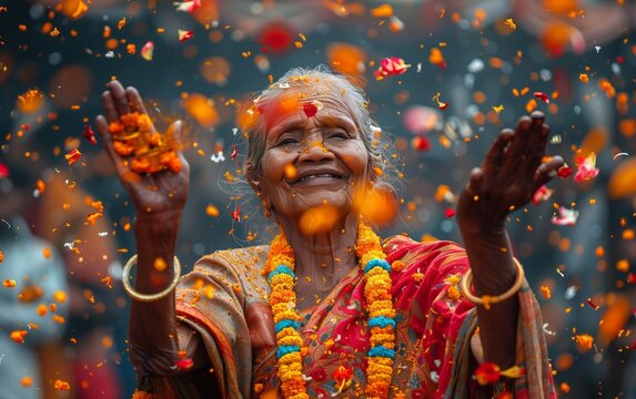 anziana signora indiana sorridente che festeggia sotto una pioggia di petali colorati