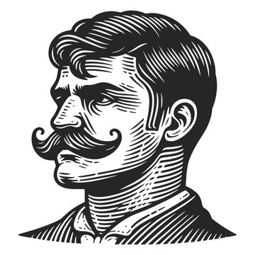 Man with styled mustache and confident expression, showcasing vintage fashion generative ai fictional character vector illustration. Scratch board imitation. Black and white image.
