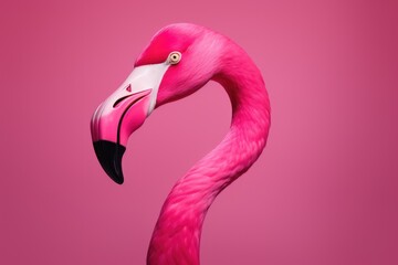 Beautiful pink flamingos standing on bright pink background. Summer holidays. Travel and vacation concept. Vintage retro design for banner, poster, or card