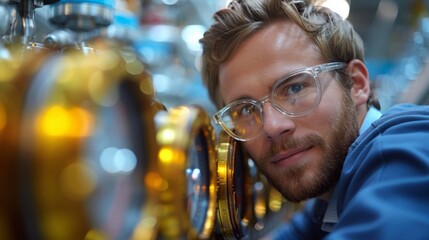 A man with glasses leaning against a wall of clocks, AI