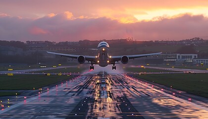 A large jet plane takes off or lands from an airport runway at sunset - obrazy, fototapety, plakaty