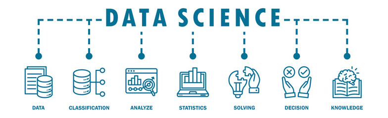 Data science banner web icon vector illustration concept with icon of data, classification, analyze, statistics, solving, decision and knowledge