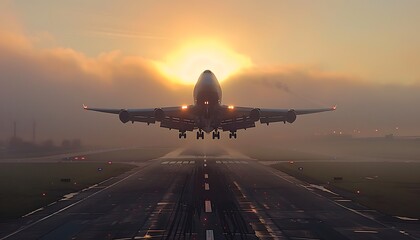 A large jet plane takes off or lands from an airport runway at sunset