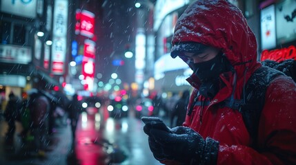 A person in a red jacket looking at his cell phone, AI