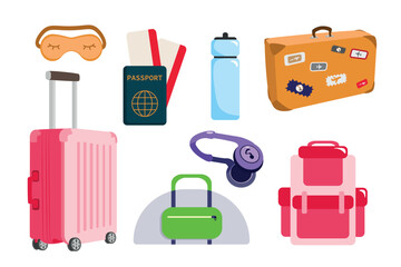 Set of travel elements in cartoon style. Vector illustration of different suitcases, luggage, backpack, headphones, sleeping mask, passport with tickets, water bottle isolated on white background.