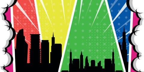 Vector illustration of a beautiful colorful background in pop art style. Cartoon scene of a cityscape in pop-art style with bright colors, dots, black silhouettes of modern buildings, skyscrapers.