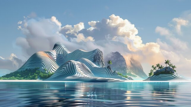 A painting of a landscape with mountains and water, AI