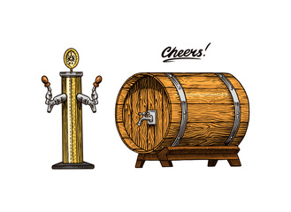 A Drawing Of A Beer Tap And A Wooden Barrel. Wine or rum. Engraved in ink hand drawn in old sketch and vintage style for web or pub menu. design of oktoberfest.