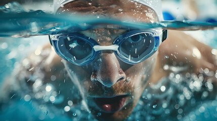 close up of professional male swimmer's face under water facing the camera with swimming googles and floating cap