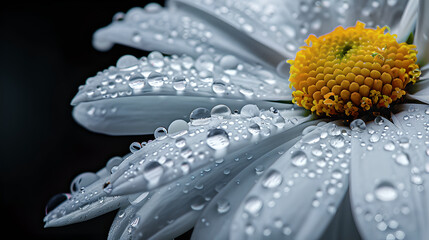 close up of daisy flower with dew drops on black background
