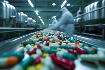 close up of medicinal pills tablets and capsules on a conveyor belt in a pharmaceutical factory - obrazy, fototapety, plakaty