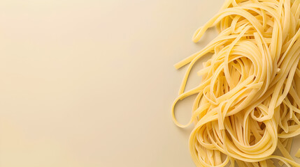 fresh handmade spaghetti pasta on side of pastel colored light cream yellow background with copy...