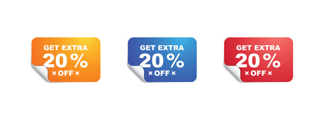 Get extra 20 percent off your purchase, square sticker with offer, set of colorful square advertising stickers, with save 20 percent, vector illustration.