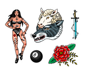 Old school Tattoo set. Woman, flower, sword and Wolf in sheep's clothing in rock style. Engraved hand drawn vintage retro sketch for notebook or logo or t-shirts. - 756010687