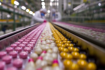 Fototapeta premium close up of medicinal tablets on a conveyor belt in a pharmaceutical factory