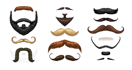 Set of mustache and funny beard of men, hipster and retro barber or hairdresser on transparent background. engraved hand drawn in old sketch, vintage style for packaging and signage. - 756010821