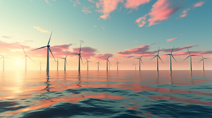 Offshore Windpark im Sonnenuntergang im stürmischen Meer, Nachhaltige Stromerzeugung, Energiegewinnung