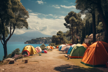 Camp by the sea and in the mountains. Cozy tent in nature. Hippie lifestyle. Generative AI tools - obrazy, fototapety, plakaty