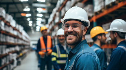 Smiling team of workers, sporting hard hats, stands in a warehouse setting. People with a good mood and youthful energy stand on a slightly blurred background of racks with accessories