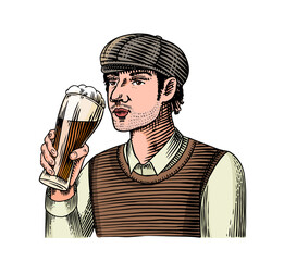 A Man In A Hat Is Holding A Glass Of Beer. Engraved in ink hand drawn in old sketch and vintage style for web or pub menu. Design of Oktoberfest.