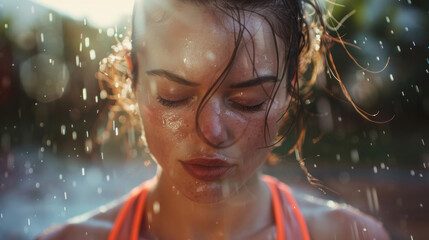 Closeup Portrait of Beautiful White Woman Taking a Break from Working out Outdoors. Sweating and Tired Female Athlete Feeling Motivated after Checking her Progress on her Smartwatch. Generative AI