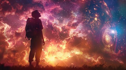 A man standing in front of a colorful galaxy with stars, AI