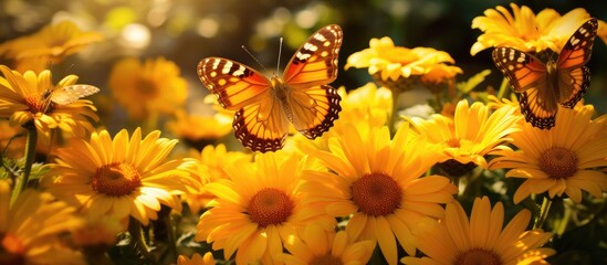 A beautiful butterfly flutters above a field of vibrant yellow daisies, serving as a pollinator for...