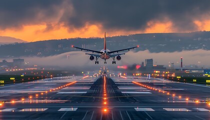 A large jet plane takes off or lands from an airport runway at sunset