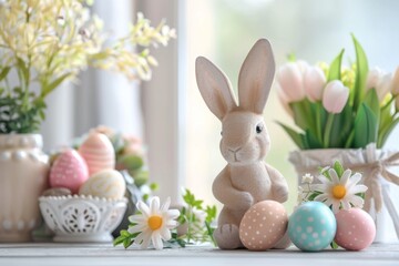 Naklejka na ściany i meble Serene Spring Celebration With Pastel Easter Eggs and Bunny Figurine