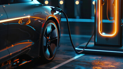 Electric car and charging station point., Technology EV, Automobile concept. Generative AI