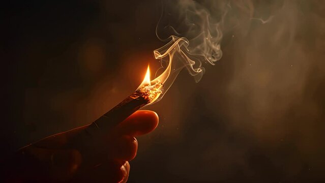 Slow motion shot macro close up of a flaming cannabis blunt being held by two fingers with smoke and a dark background