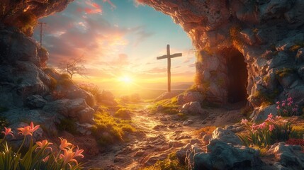 Sunrise at an open tomb with a cross. Entrance framed by blooming flowers. Symbolizing Jesus Christ's resurrection. Concept of Easter, resurrection, and new beginnings. Cave with a cross. - obrazy, fototapety, plakaty