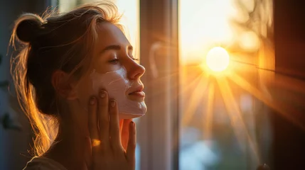 Poster Portrait of a cheerful woman removing a nighttime facial mask in the morning light © Creatizen