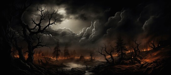 A mysterious landscape with dense clouds covering the sky, a dark forest with towering trees, and a river running through the wood under a stormy atmosphere with flashes of lightning - obrazy, fototapety, plakaty