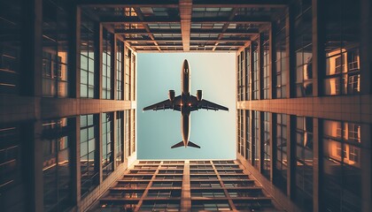 view from below of planes passing over city buildings - obrazy, fototapety, plakaty