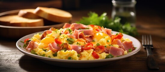 A dish of scrambled eggs with ham and tomatoes, served on a wooden table. This delicious meal...