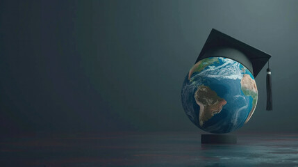 Graduation cap with Earth globe. Concept of global business study, abroad educational, Back to School. Education in Global world, Study abroad business in universities in worldwide. Generative AI - obrazy, fototapety, plakaty