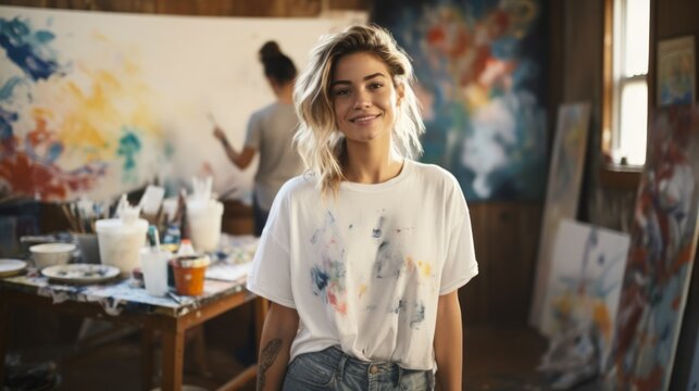 Smiling Caucasian young woman artist next to her artwork in art studio. Concept of artistic talent, fine arts, creative process, oil painting