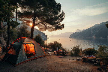 Camp by the sea and in the mountains. Cozy tent in nature. Hippie lifestyle. Generative AI tools
