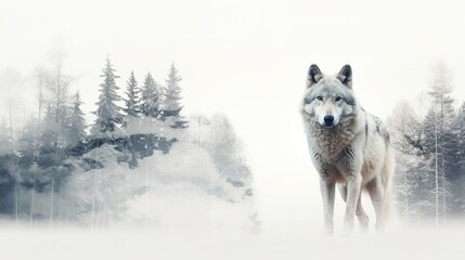 Wolf and winter forest double exposure serene white background