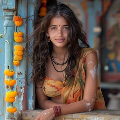 bella ragazza indiana sporca di polveri colorate appoggiata ad un parapetto