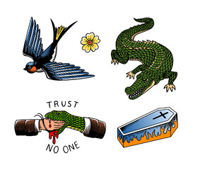 Old school Tattoo. Swallow, alligator, crocodile, snake bites hand, handshake and grave on fire. Engraved hand drawn vintage retro sketch for notebook or logo or t-shirts.