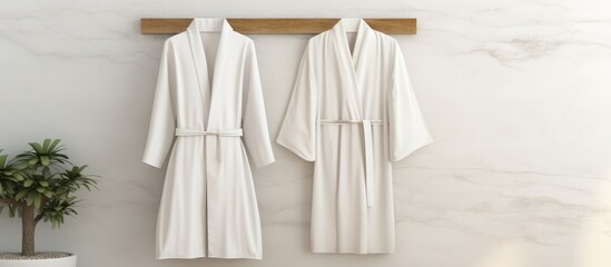 Bathrobe and Towel Displayed on Light Wall - Mockup of Bathrobe Set - obrazy, fototapety, plakaty