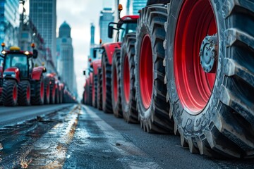 A row of tractors lined the left and right sides of the road, with a closeup view of their tires...