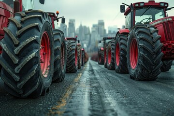 A row of tractors lined the left and right sides of the road, with a closeup view of their tires against a modern city background. 